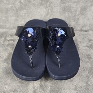 Fitflop LULU Navy Blue Metallic Flower Toe Post Thong Comfort Sandals Size 11